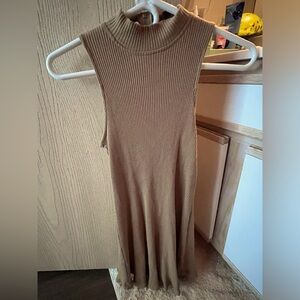 Turtle neck, beige, sleeveless, knee length dress